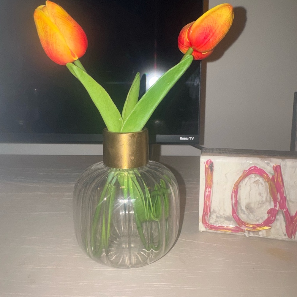 Gold Decorative Orb Sculpture with two tulips